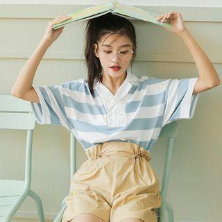 Set: Striped Short-sleeve T-shirt + High Waist Wide-leg Shorts
