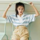 Set: Striped Short-sleeve T-shirt + High Waist Wide-leg Shorts