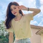 Short-sleeve Heart Embroidered Button-up Knit Top