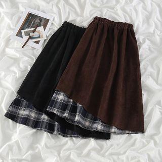 Plaid Panel Corduroy A-line Skirt