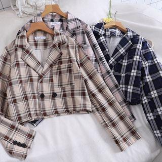 Plaid Double-breasted Long-sleeve Cropped Blazer