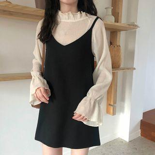 Set: Bell-sleeve Blouse + Spaghetti Strap Mini Dress