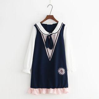 Embroidered Long-sleeve Sailor Collar Dress