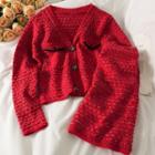 Set: Striped Knit Cardigan + Mini Skirt Red - One Size