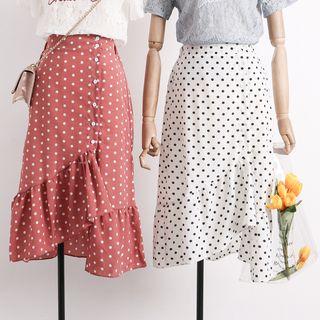 Asymmetric-ruffled Dotted Midi Skirt