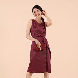 Sleeveless Satin Midi Shift Dress
