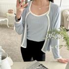 Plus Size Set: Contrast-trim Cardigan + Sleeveless Top