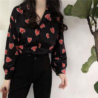 Heart Print Long-sleeve Loose-fit Blouse