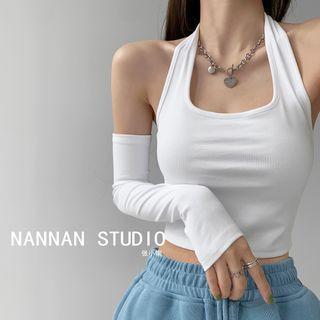 Cropped Halter Top With Sleeves
