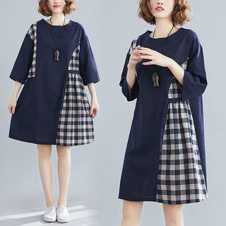 3/4-sleeve Gingham Panel A-line Dress