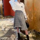 Set: Perforated Crop Sweater + Midi Houndstooth A-line Skirt