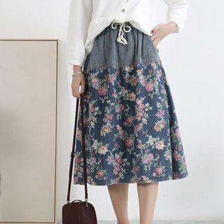 Drawstring Printed Denim A-line Skirt