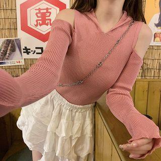 Long-sleeve Cold Shoulder Hooded Knit Top