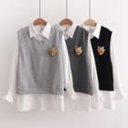 Set: Plain Shirt + Bear Detail Vest
