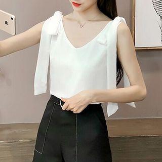 Plain V-neck Lace-up Chiffon Tank Top