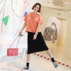 Set: Round-neck Letter Print T-shirt + Band-waist Ribbed Skirt