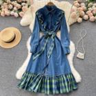 Ruffle Plaid Panel Denim Long-sleeve Dress
