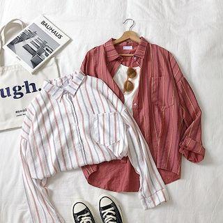 Color-block Striped Single-breasted Long-sleeve Blouse