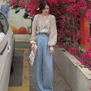 Puff-sleeve Floral Print Blouse / Wide Leg Pants