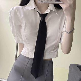 Set: Puff-sleeve Crop Shirt + Neck Tie