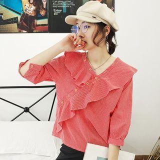 Frilled Trim Collar Check Shirt