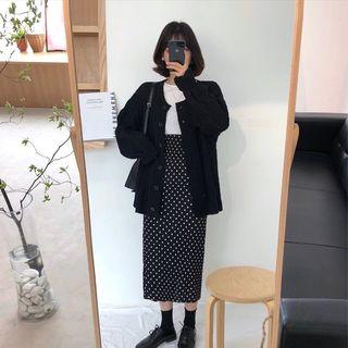 Dotted Pleated Midi Skirt Skirt - White Dots - Black - One Size