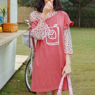 Set: Star Print Long-sleeve Top + Asymmetric-sleeve Printed Dress