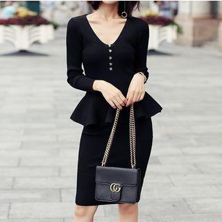 Set: V-neck Long-sleeve Knit Sweater + Mini Skirt