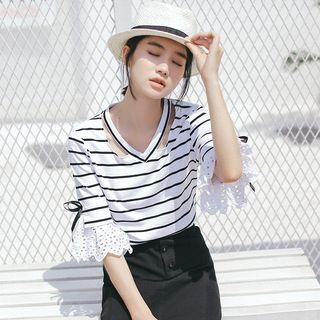 Eyelet Lace Trim Cut Out Elbow-sleeve T-shirt