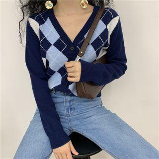 V-neck Plaid Button-up Cardigan Dark Blue - One Size