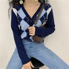 V-neck Plaid Button-up Cardigan Dark Blue - One Size