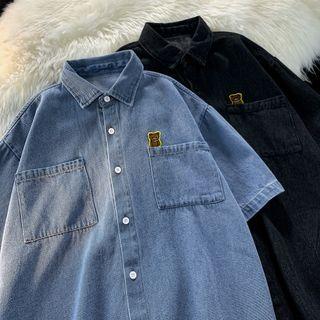 Short-sleeve Bear Applique Denim Shirt