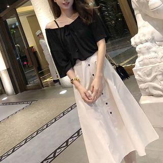 Set: Elbow-sleeve Wide-neck Top + Buttoned A-line Midi Skirt