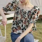 Puff-sleeve Floral Print Blouse Red & Black Floral - Beige - One Size