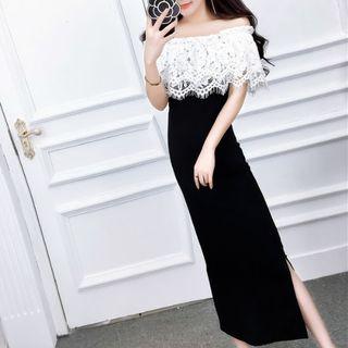 Lace Panel Off Shoulder Maxi Sheath Dress