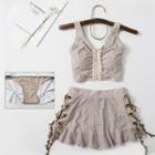 Set: Sleeveless Plaid Lace Trim Swim Top + Lace-up Swim Skirt