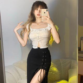 Sleeveless Sheer Top / Lace-up Skirt