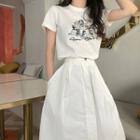Picture Printed Short-sleeve Top / Asymmetric High-waist Skirt