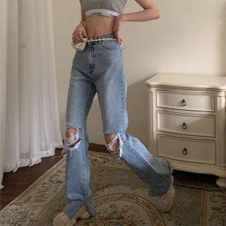Distressed Slit Straight-cut Jeans