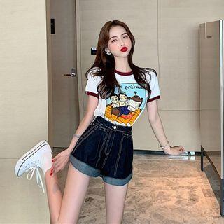 Set: Cartoon Short-sleeve T-shirt + High-waist Denim Shorts