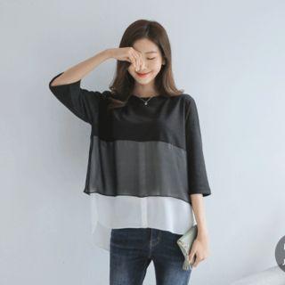 3/4-sleeve Chiffon Layered-panel Two-tone Top