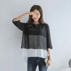 3/4-sleeve Chiffon Layered-panel Two-tone Top