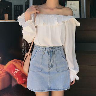 Off-shoulder Bell-sleeve Ruffle Trim Top