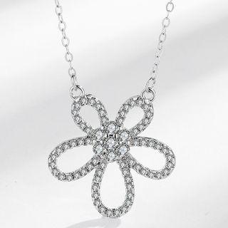 Flower Rhinestone Pendant Sterling Silver Necklace 925 Silver - Necklace - Flower - Silver - One Size