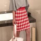 Plaid Fitted Knit Mini Skirt Red - One Size