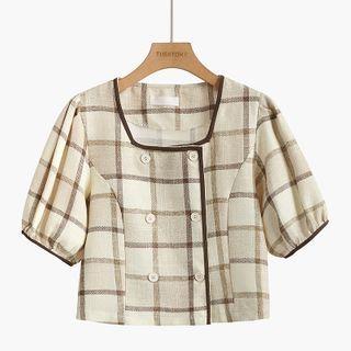 Short-sleeve Double-breasted Plaid Blouse Almond - One Size
