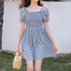 Square-neck Floral Chiffon Mini A-line Dress Blue - One Size