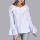 Bell Sleeve Lace Panel Striped Top