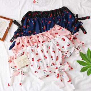 Boatneck Ribbon-hem Cherry-print Crop Blouse