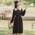 Long-sleeve Collared Double-breasted Midi A-line Dress